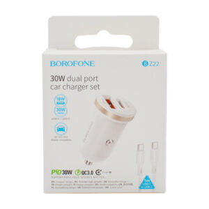 Автомобільний Зарядний Пристрій Borofone BZ22 1USB/1USB-C QC/PD30W+Type-C to Type-C (Бiлий