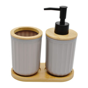 Набір д/ванної Стакан+Дозатор 2шт Пластик/Дерево підставка Мікс_
