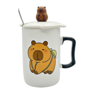 Чашка керамічна з кришкою і ложкою Малюнок Капібара Кольорова ручка арт.AP10114