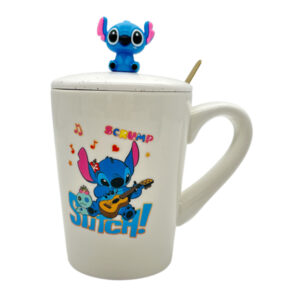 Чашка керамічна з кришкою і ложкою Малюнок Стіч біла арт.AP10736