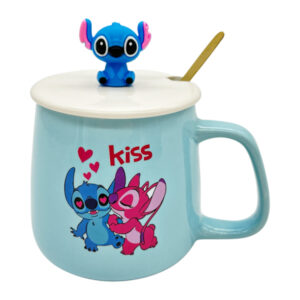 Чашка керамічна з кришкою і ложкою Малюнок Стіч блакитна арт.AP10587