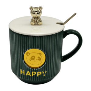 Чашка керамічна з кришкою і ложкою Ведмідь ребриста кольорова арт.AP10368