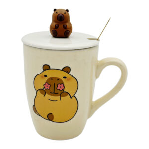 Чашка керамічна з кришкою і ложкою Малюнок Капібара Кольорова арт.AP10223