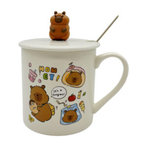 Чашка керамічна з кришкою і ложкою Малюнок Капібара Кольорова арт.AP10408