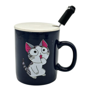 Чашка керамічна з кришкою і ложкою Малюнок Котик Кольорова арт.AP10414