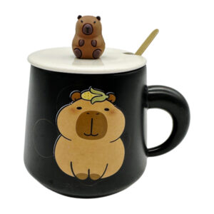 Чашка керамічна з кришкою і ложкою Малюнок Капібара чорна/біла арт.AP11229