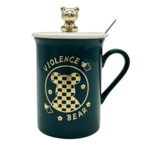 Чашка керамічна з кришкою і ложкою Малюнок Ведмідь Кольорова арт.AP8305