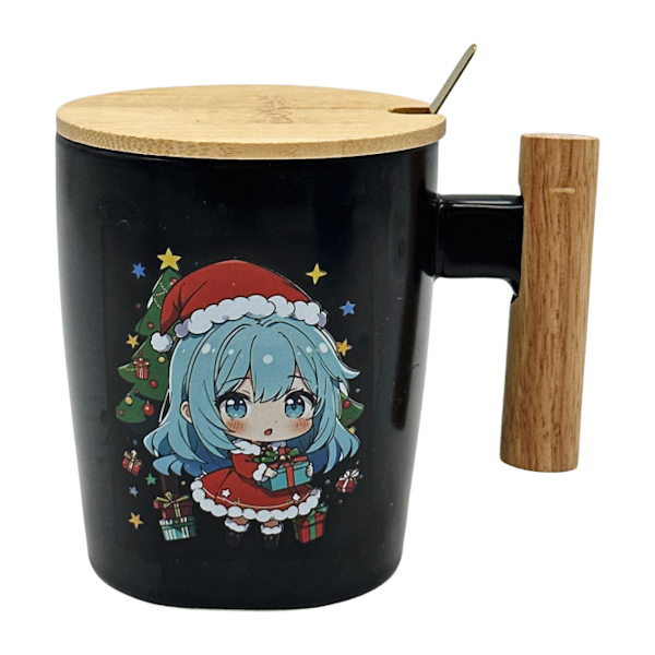 Чашка керамічна з дерев. кришкою і ложкою Новорічна Аніме арт.AP9635