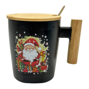 Чашка керамічна з дерев. кришкою і ложкою Новорічна Санта арт.AP9636