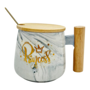 Чашка керамічна з дерев. кришкою і ложкою Мармурова Мікс арт.AP7983/AP8052