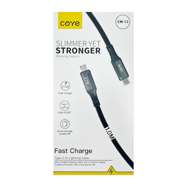 Кабель COYE 1м 27W плетений Type-C-Lightning арт.CM-13