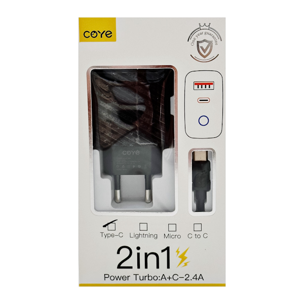 Зарядний пристрій мережевий COYE USB+Type-C 2в1 2,4А арт.CD-33T (13-03)