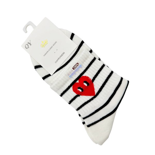 Шкарпетки жін. QIYUAN середні  білі смужка принт Сердечко арт.225-1