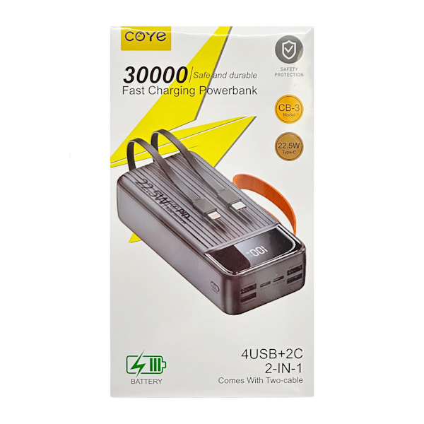 Павербанк COYE 30000mAh 22,5W з 2 кабелями д/зарядки арт.CB-3