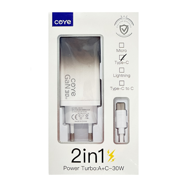 Зарядний пристрій мережевий COYE 30W Type-C з 2входами арт.CD-31T (13-017)