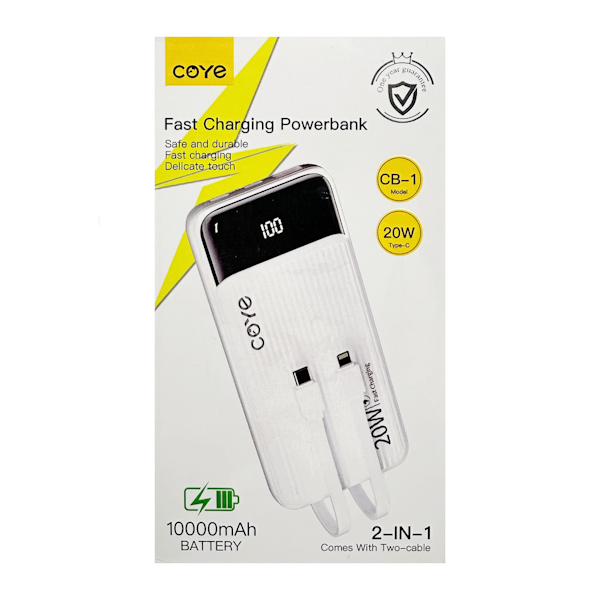 Павербанк COYE 10000mAh 20W з 2 кабелями д/зарядки арт.CB-1
